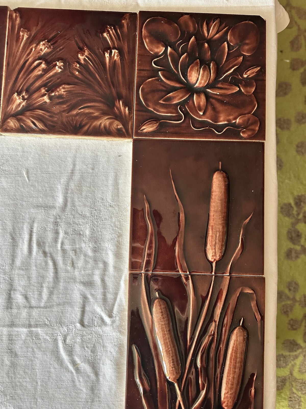 Antique Majolica Fireplace Surround — AETCO Swallows and Cattails, Oxblood Glaze - Image 9