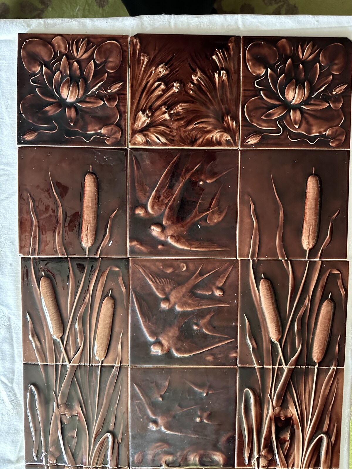 Antique Majolica Fireplace Surround — AETCO Swallows and Cattails, Oxblood Glaze - Image 10