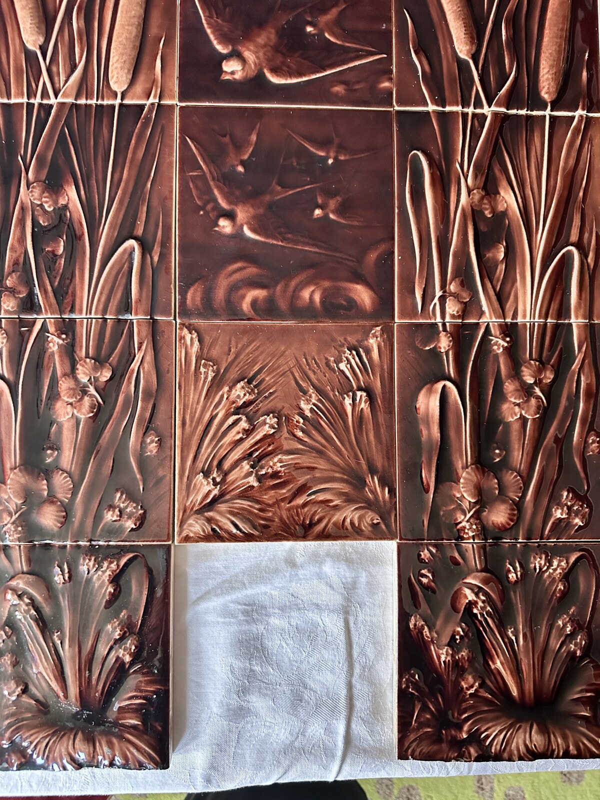 Antique Majolica Fireplace Surround — AETCO Swallows and Cattails, Oxblood Glaze - Image 6