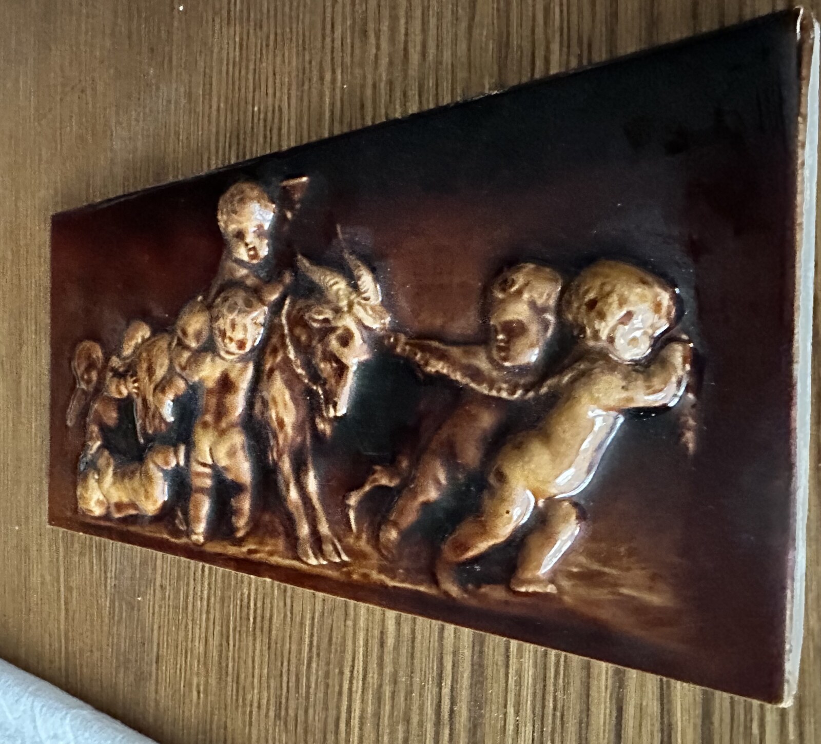 Antique Hamilton Majolica Tile - Putti and Goat Chariot Relief - Image 10