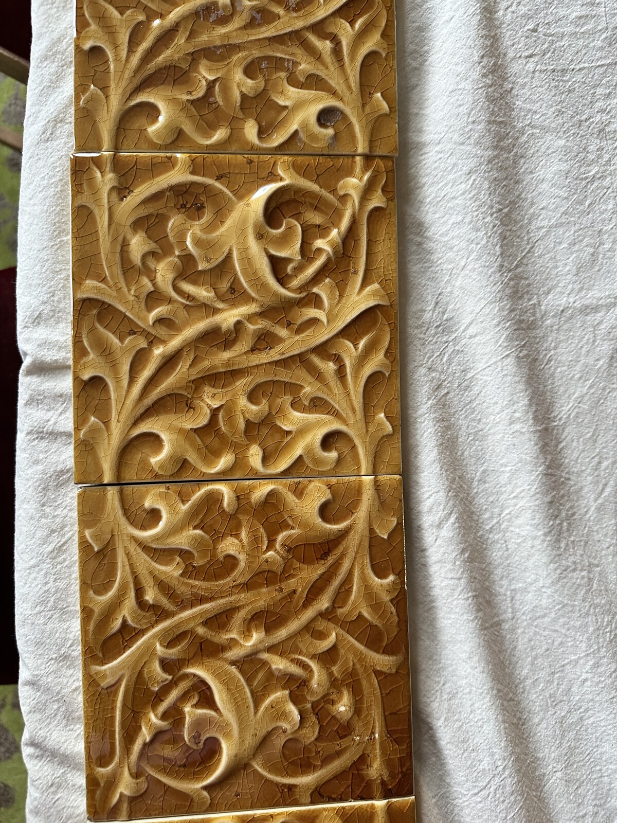 Antique AETCO Floral Fireplace Tiles — Honey-Amber Relief, 17-Tile Surround - Image 3