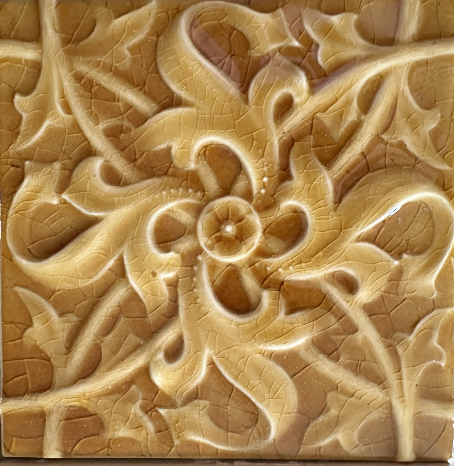 Antique AETCO Floral Fireplace Tiles — Honey-Amber Relief, 17-Tile Surround - Image 4