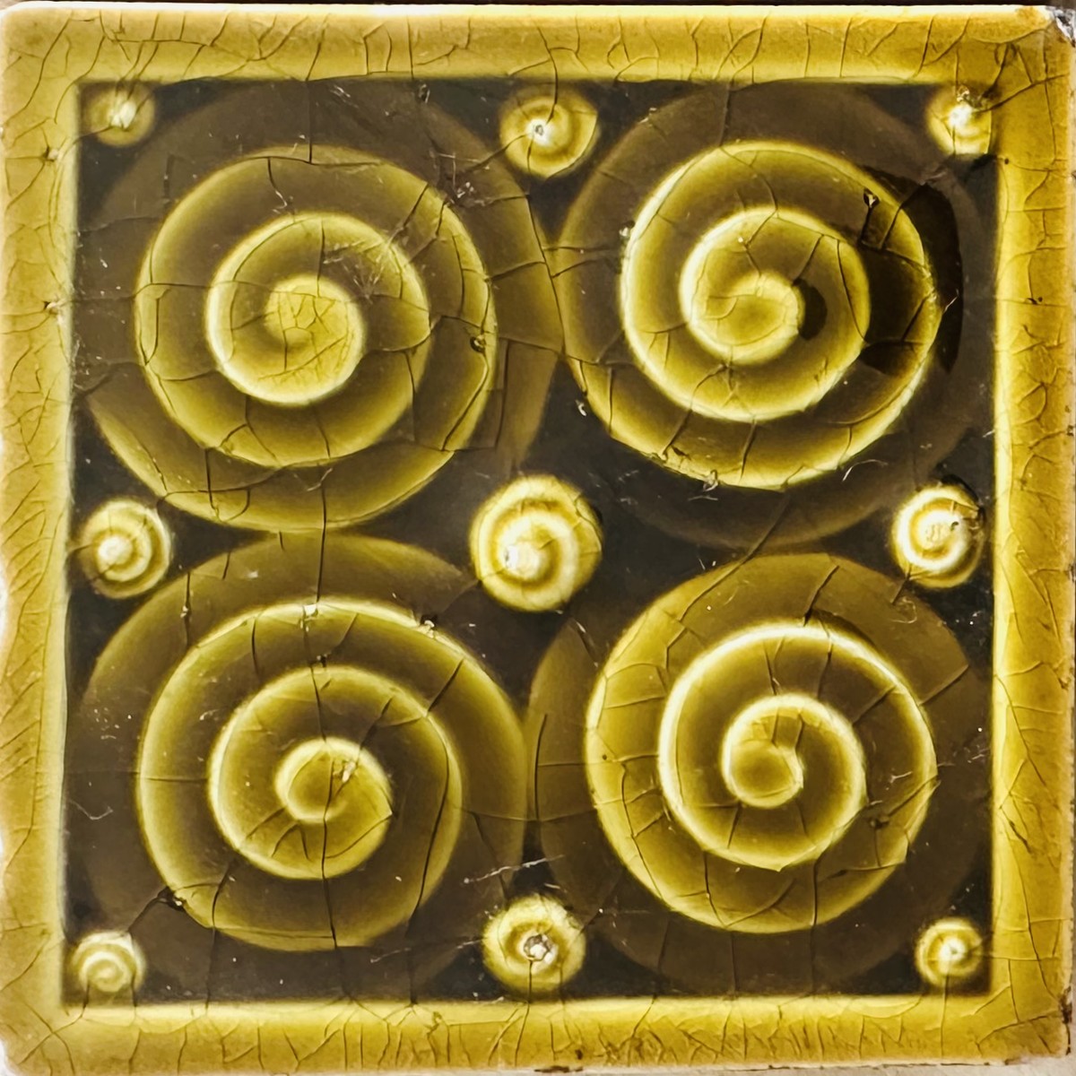 Antique Trent Majolica Spiral Tiles - Olive Gold - 4.25 in