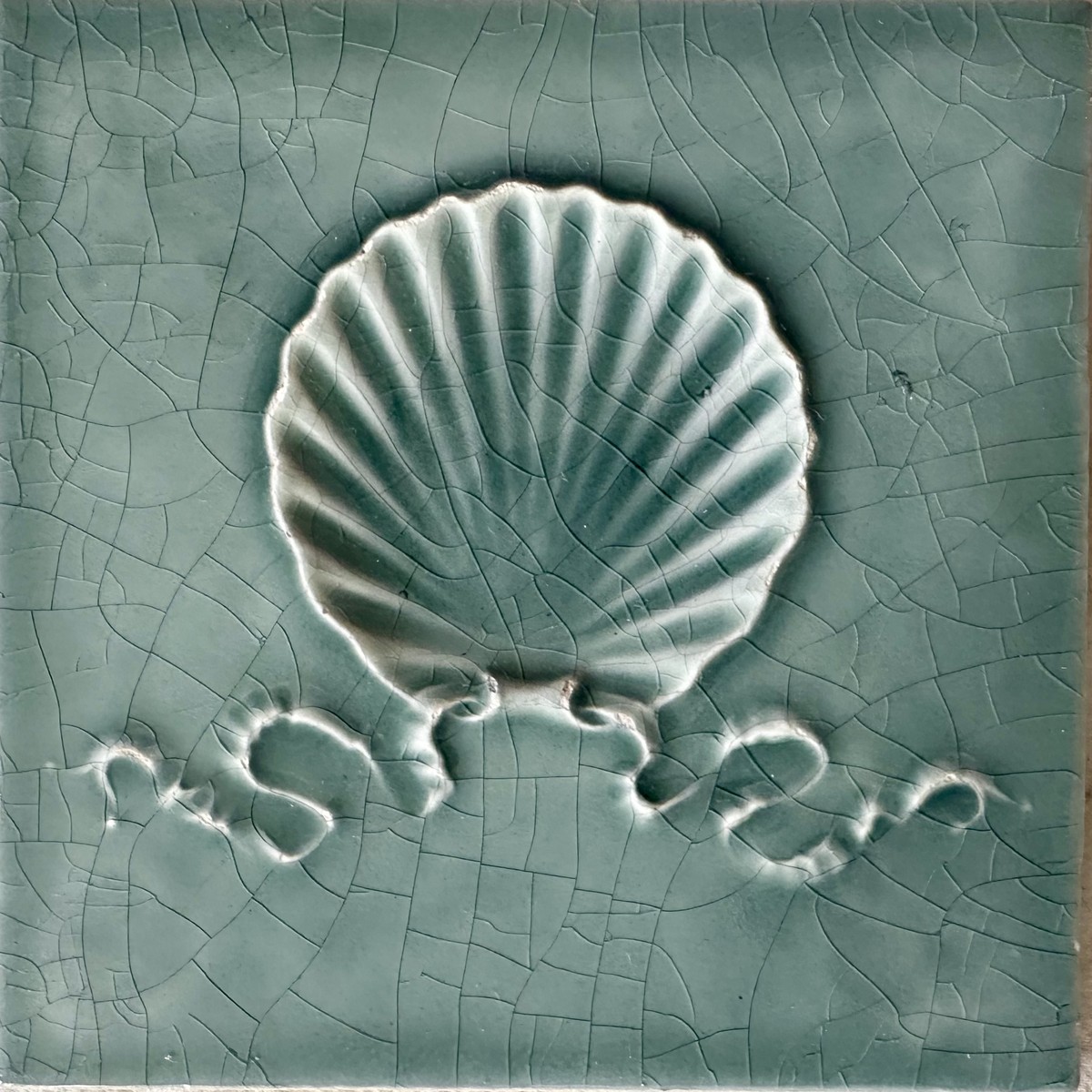 Antique USETCO Majolica Scallop Shell Tile - Teal - 6x6