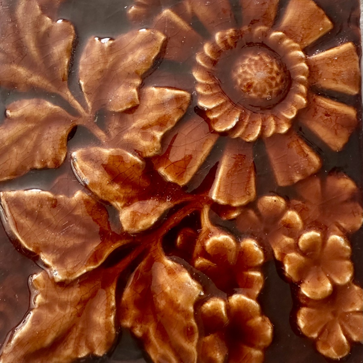 Antique Trent Majolica Sunflower Tile - Russet Brown - 6x6