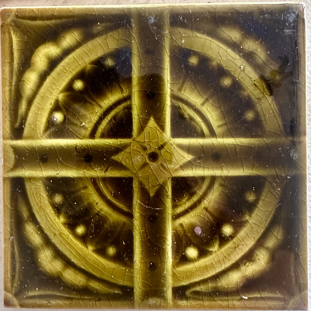 Antique USETCO Majolica Tile - Amber Cross Medallion - 4.25 in