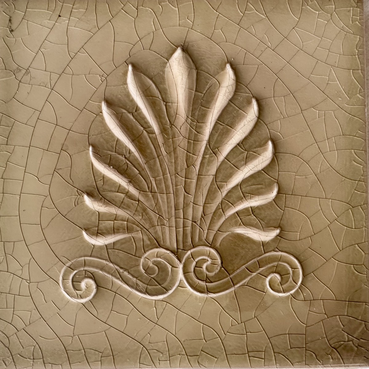 Antique USETCO Majolica Anthemion Tile - Cream Tan - 6x6