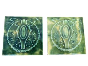 Antique Cambridge Majolica Tile Pair — Green Botanical Oval, 6x6
