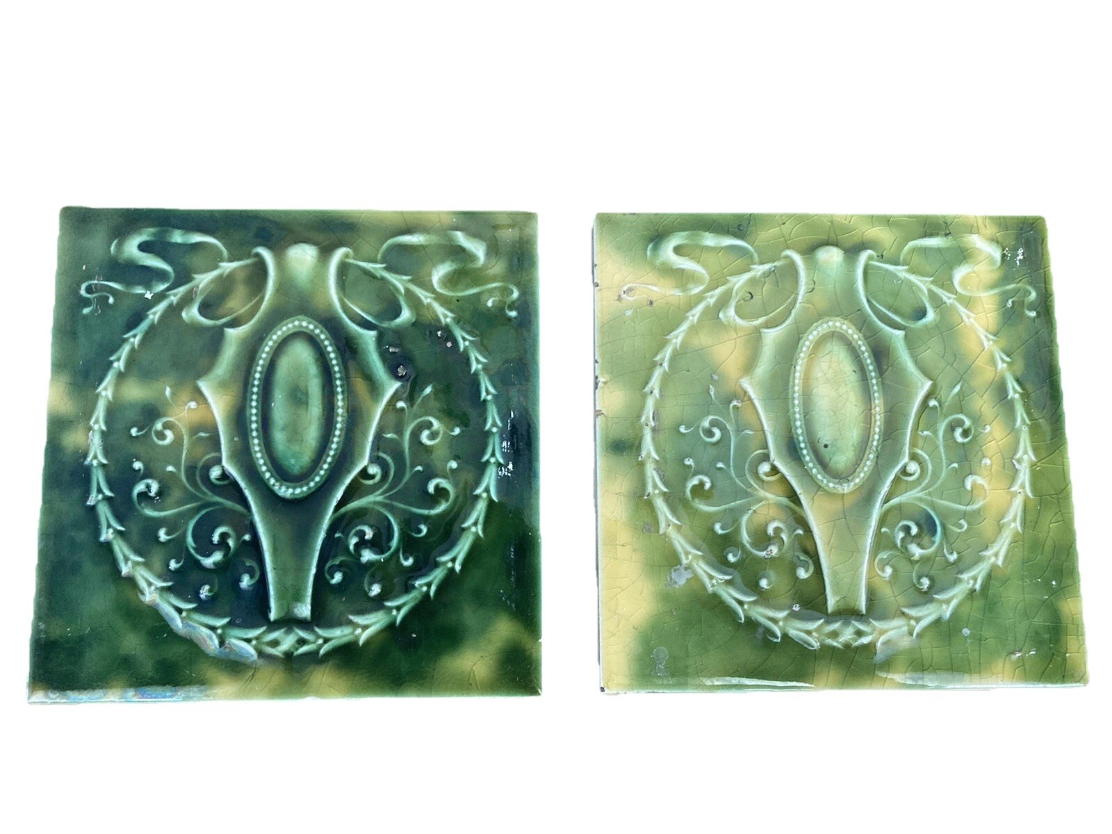 Antique Cambridge Majolica Tile Pair — Green Botanical Oval, 6x6