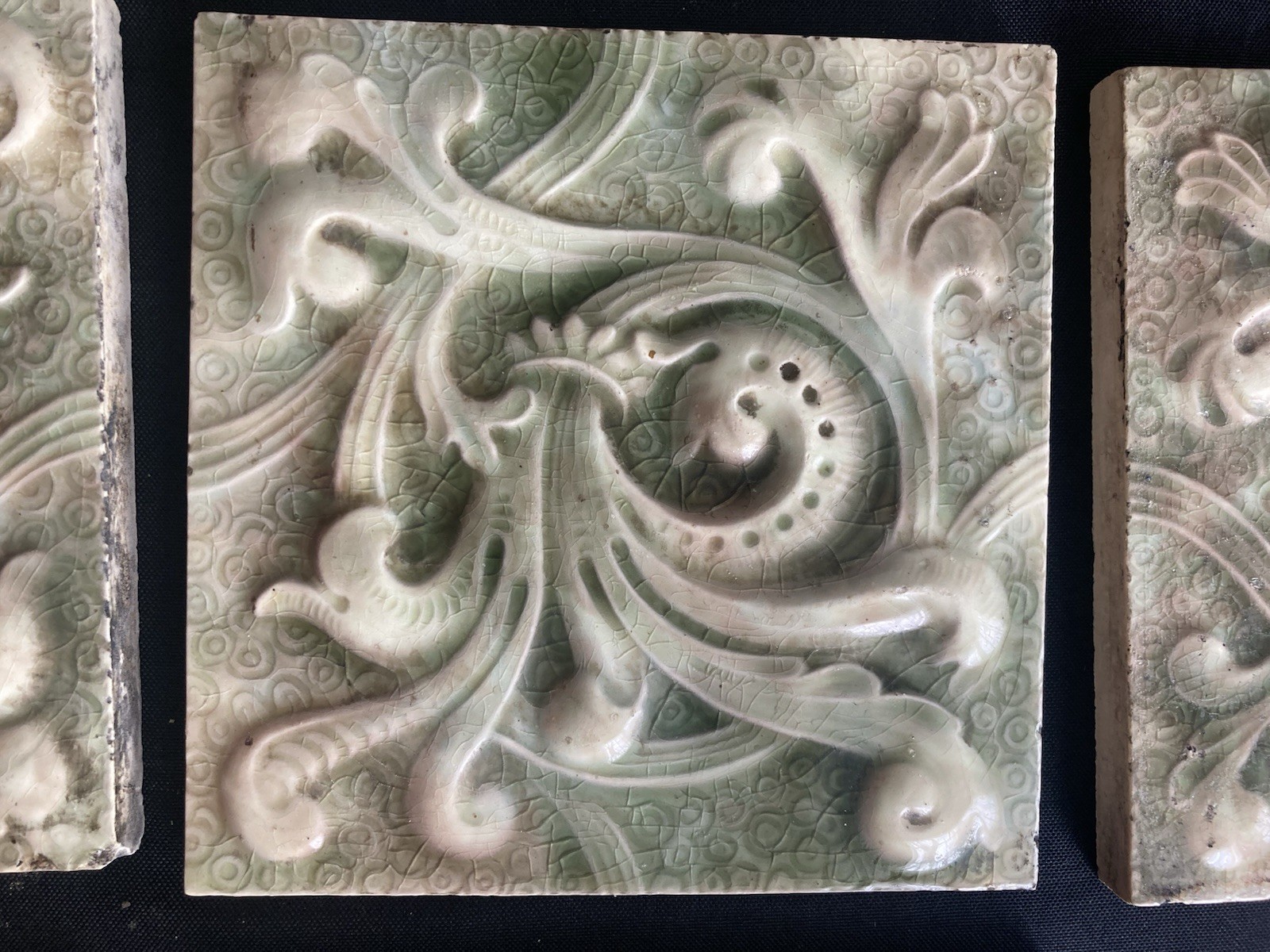 Antique Cambridge Scrollwork Tiles — Smoke & Jade Relief, Set of 10, 6x6 - Image 3