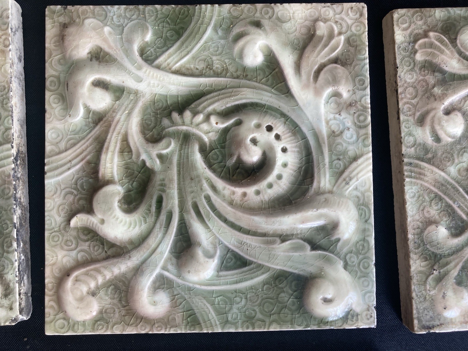 Antique Cambridge Scrollwork Tiles — Smoke & Jade Relief, Set of 10, 6x6 - Image 4