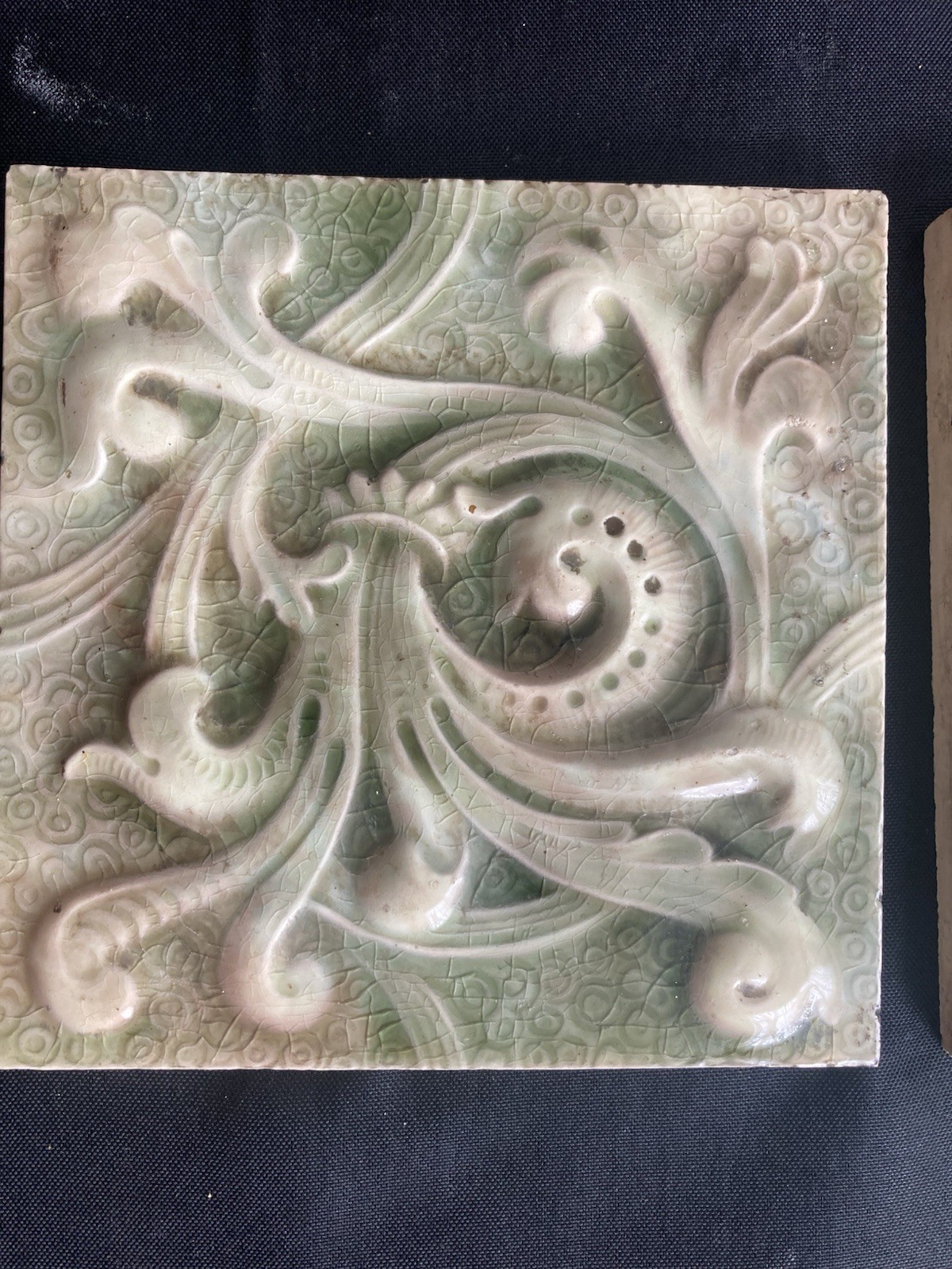 Antique Cambridge Scrollwork Tiles — Smoke & Jade Relief, Set of 10, 6x6 - Image 5