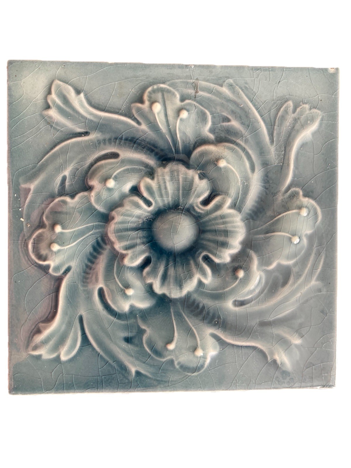 Antique Cambridge Majolica Blue Floral Tile — 6x6 Relief, Smoky Crazed Glaze