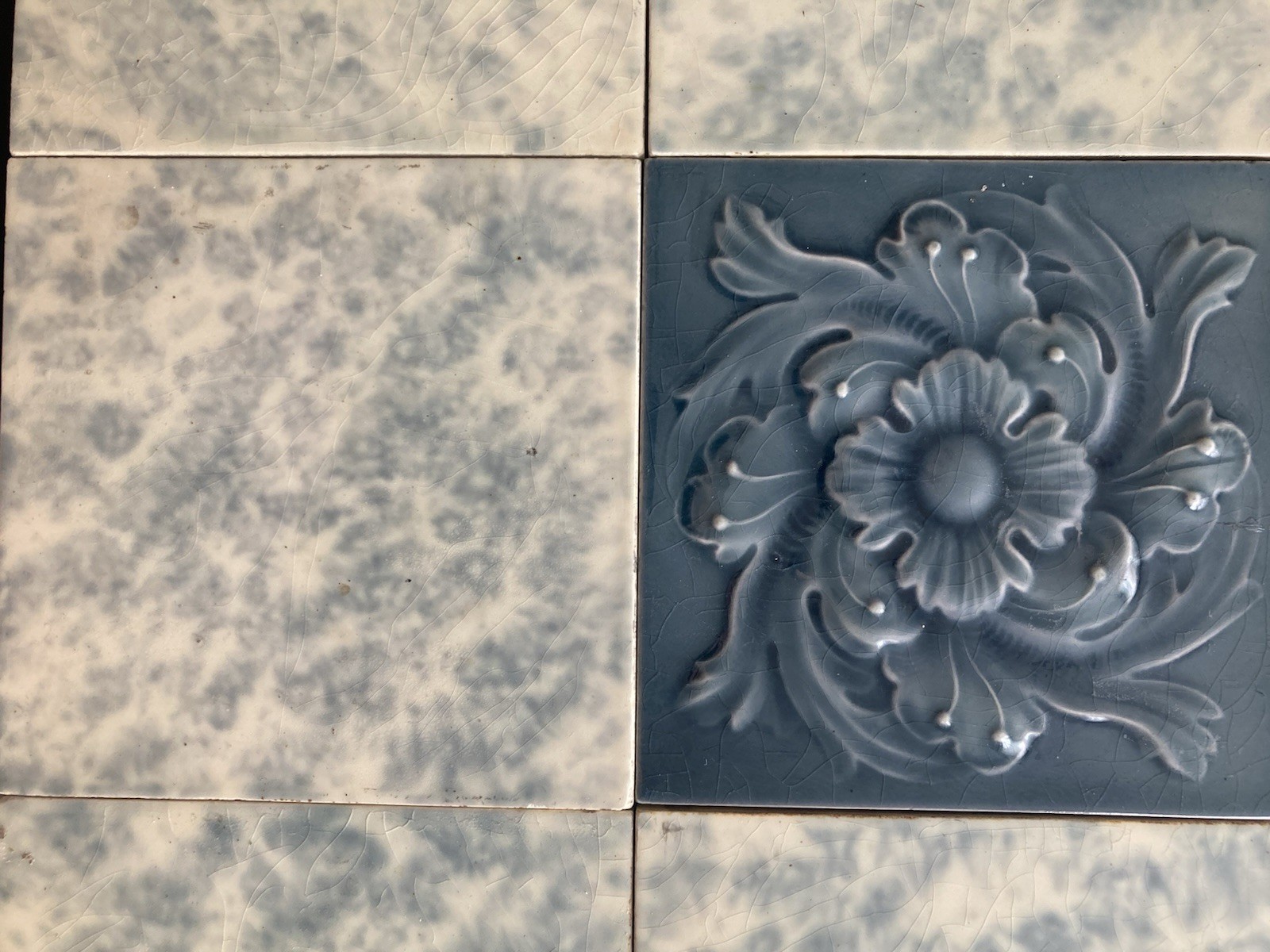 Antique Cambridge Majolica Blue Floral Tile — 6x6 Relief, Smoky Crazed Glaze - Image 3