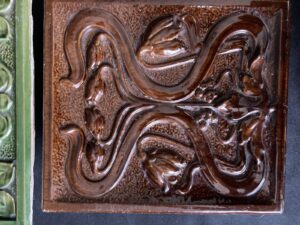Antique Austro-Hungarian Stove Tile — Chestnut Art Nouveau Relief, Pressburg