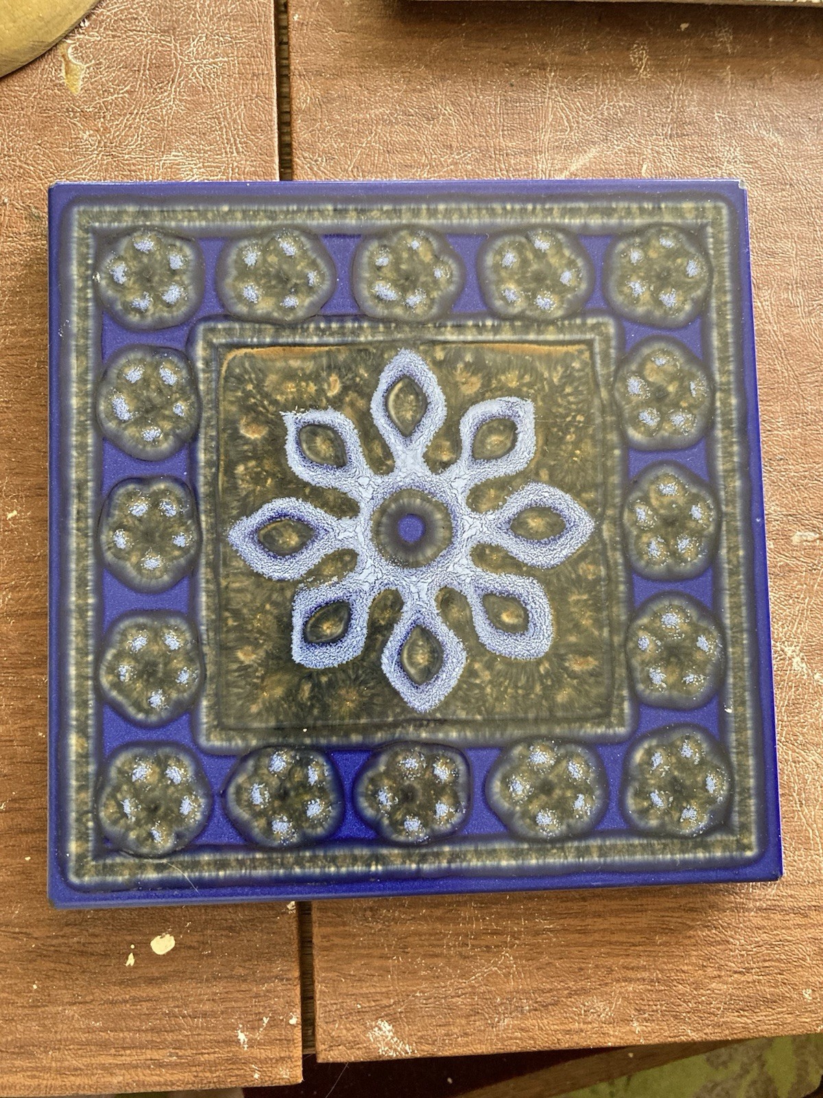Vintage Italian Modernist Ceramic Tile — Indigo, Bronze & Ice Rosette, 6x6