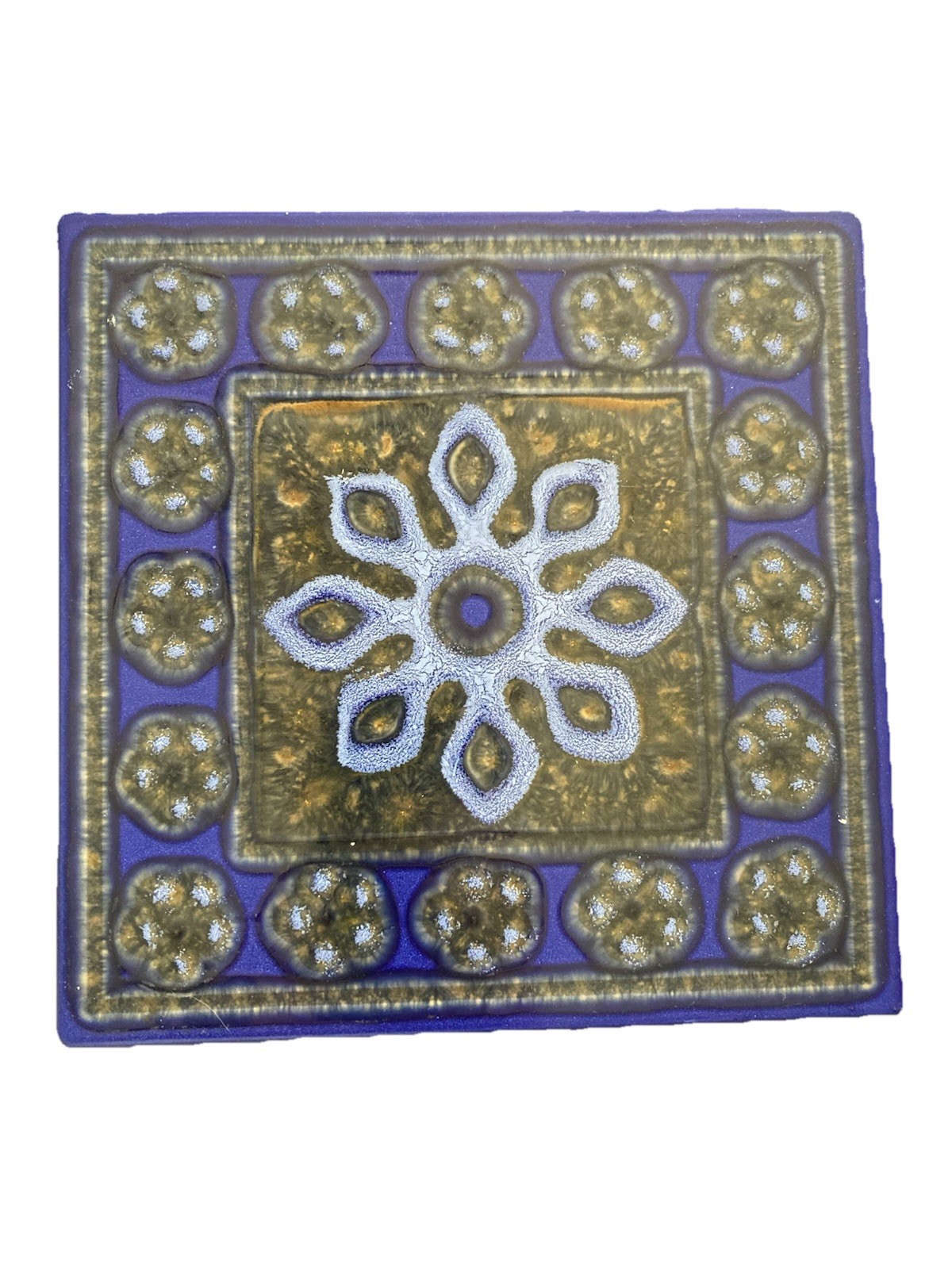 Vintage Italian Modernist Ceramic Tile — Indigo, Bronze & Ice Rosette, 6x6 - Image 2