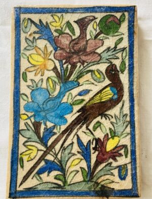 Hand-Painted Indian Tile — Kashmiri Songbird & Florals, ~7x5