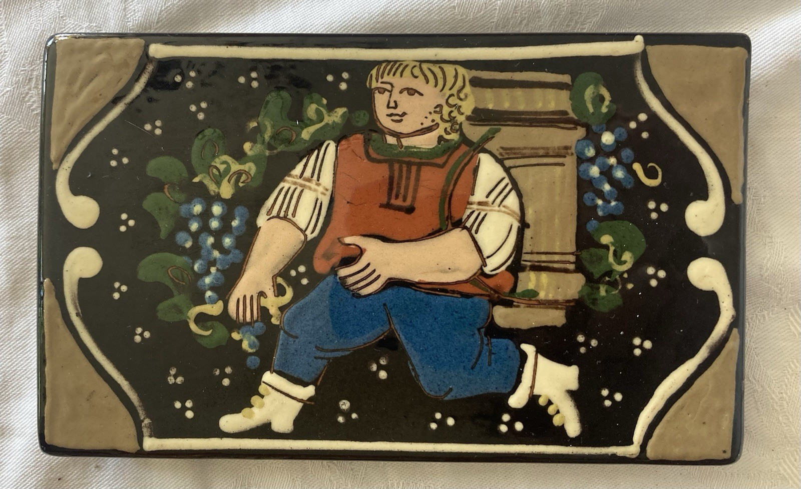 Antique Austrian Majolica Tile — Child with Grapes, c.1900, 7x4.5