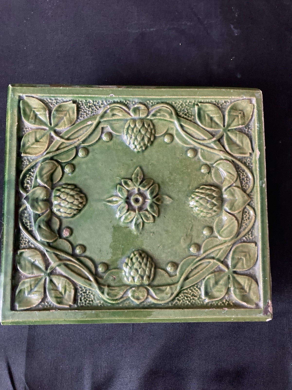 Antique Austro-Hungarian Stove Tile — Botanical & Pinecone Relief, Pressburg
