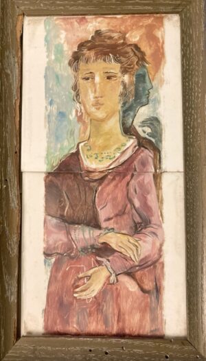 Vintage Modernist Portrait Tiles — Woman with Shadow Figure, Framed Panel