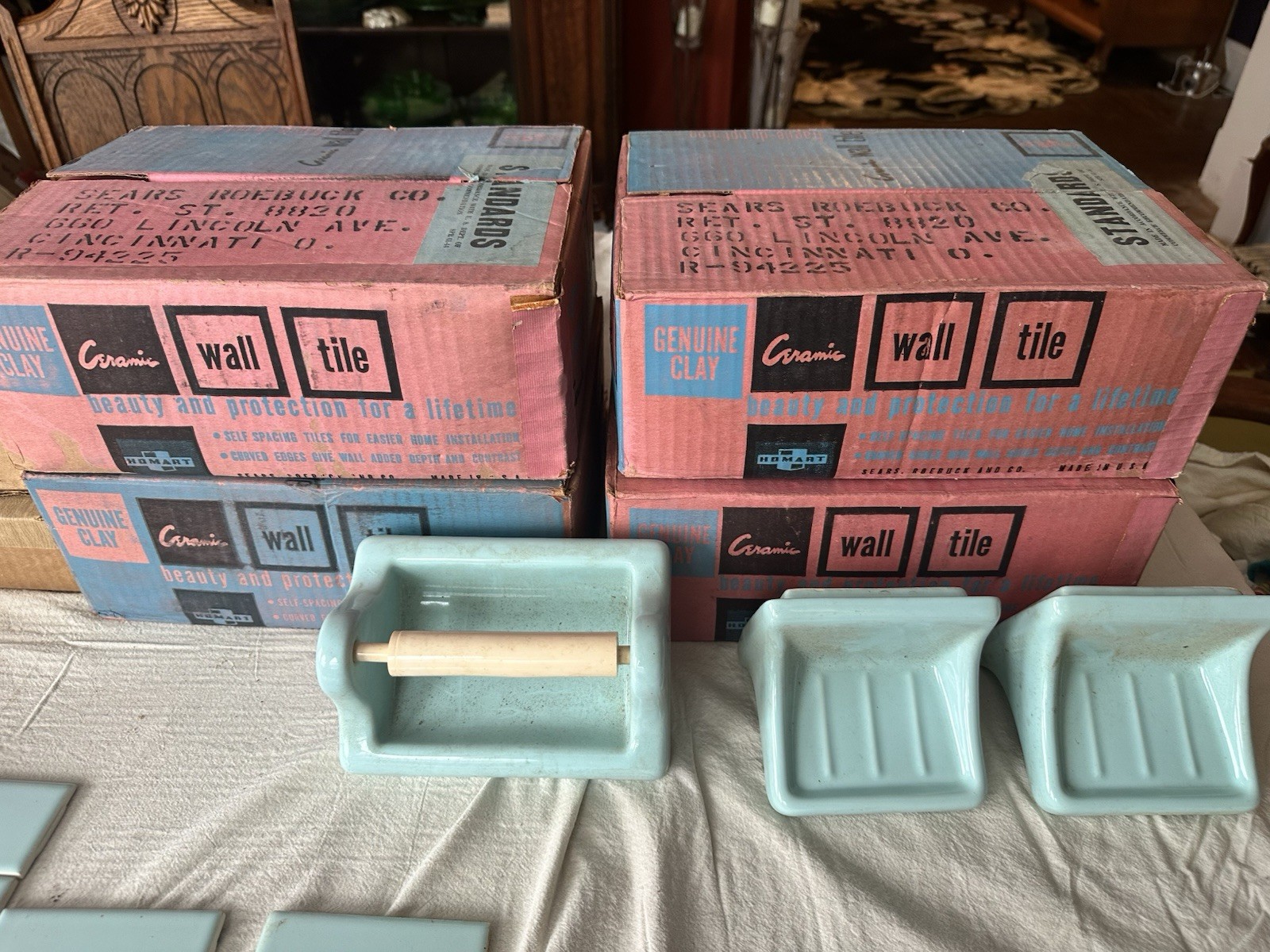 Complete Mid-Century Aquamarine Bathroom Tile System — NOS, Sears Homart
