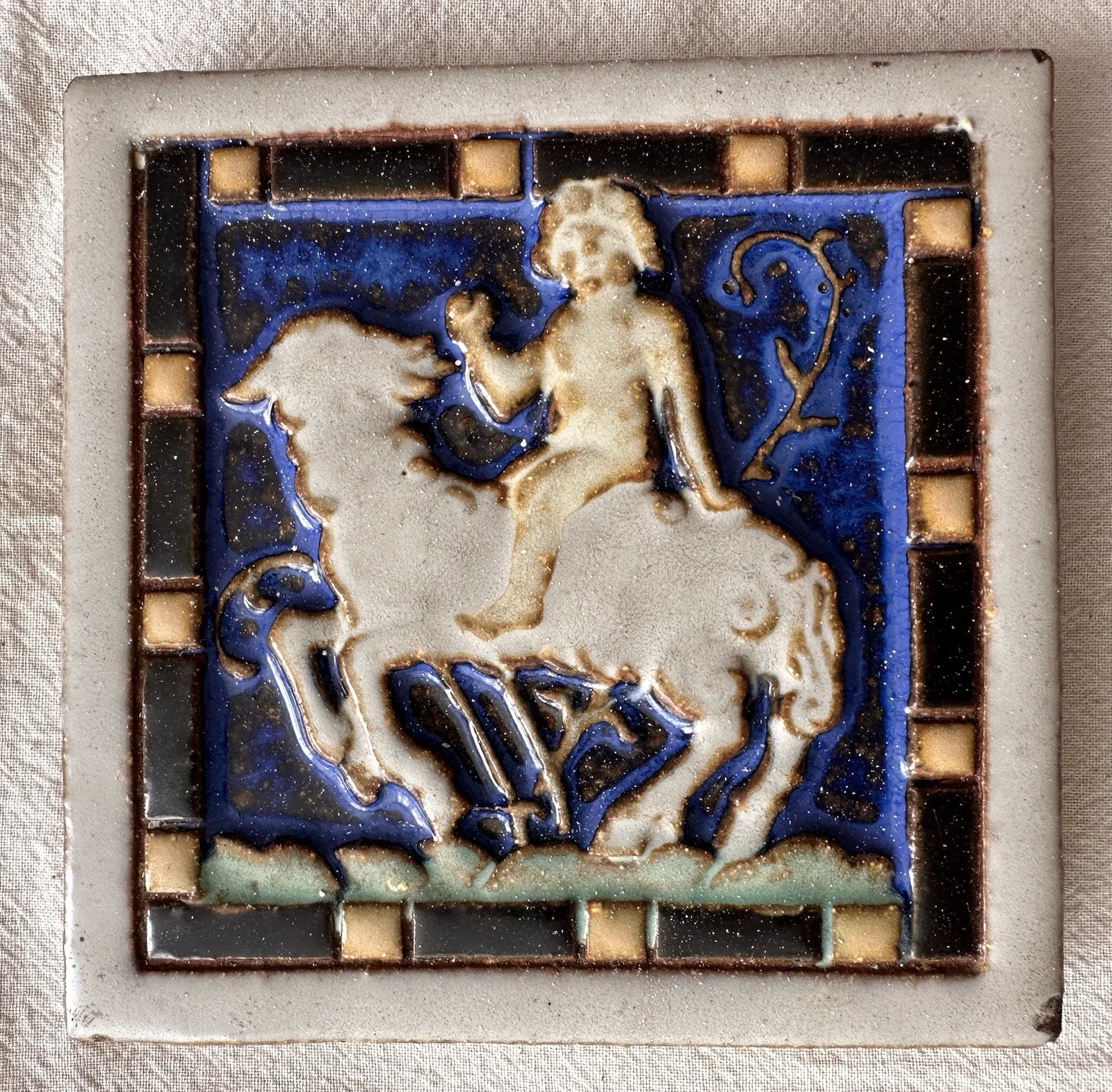 Antique Mosaic Tile Co. Faience Zodiac Capricorn Art Tile — Zanesville, 4x4
