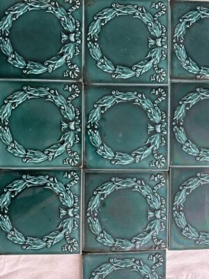 Antique Pilkington Laurel Wreath Tiles — Teal Majolica, 6x6 (Set of 10)
