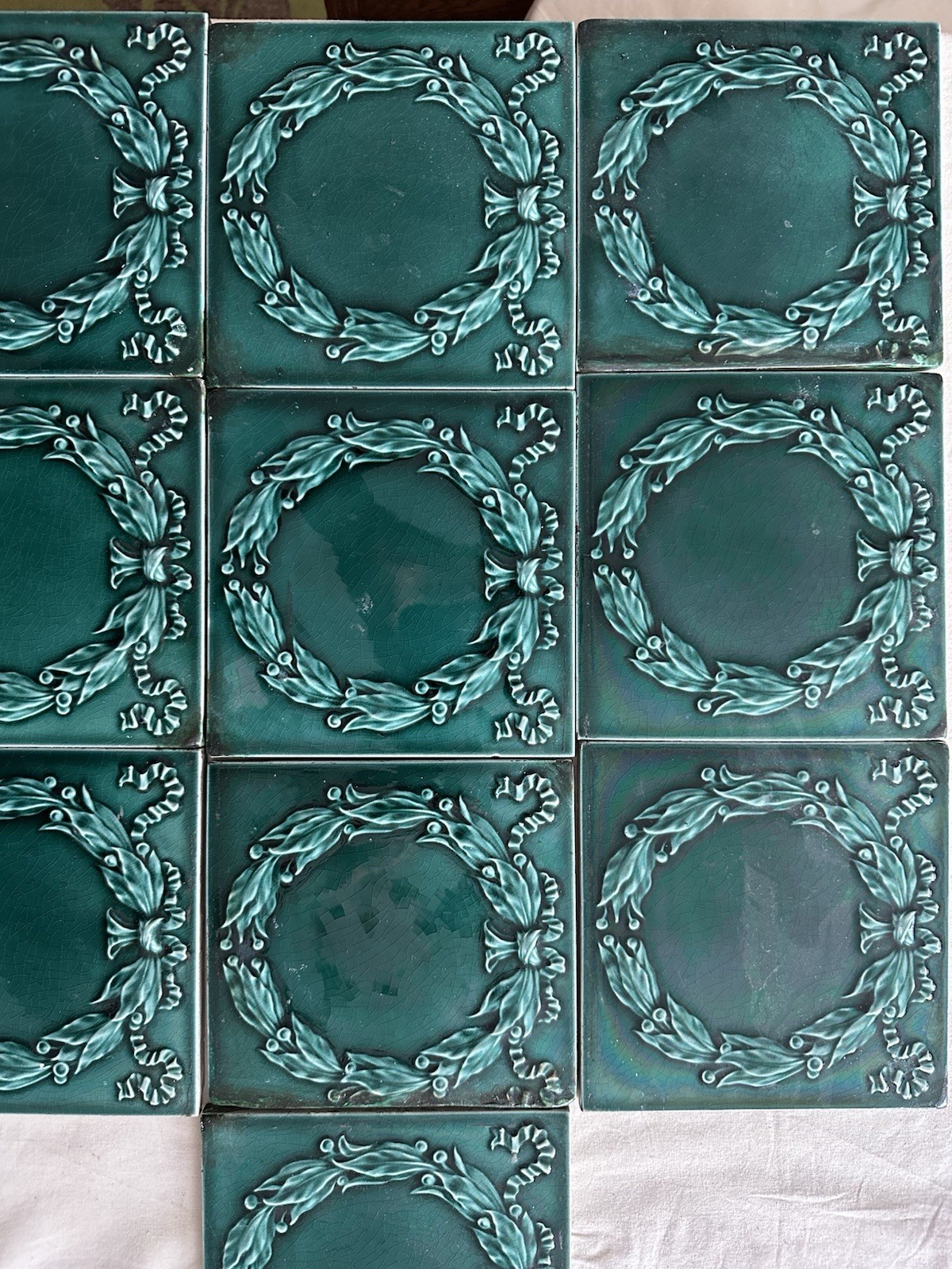 Antique Pilkington Laurel Wreath Tiles — Teal Majolica, 6x6 (Set of 10) - Image 2