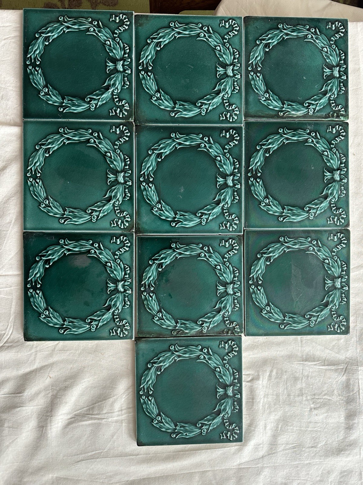 Antique Pilkington Laurel Wreath Tiles — Teal Majolica, 6x6 (Set of 10) - Image 3