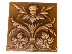 Antique Columbia Majolica Tile — Cherub & Acanthus, 6x6 Fireplace Panel