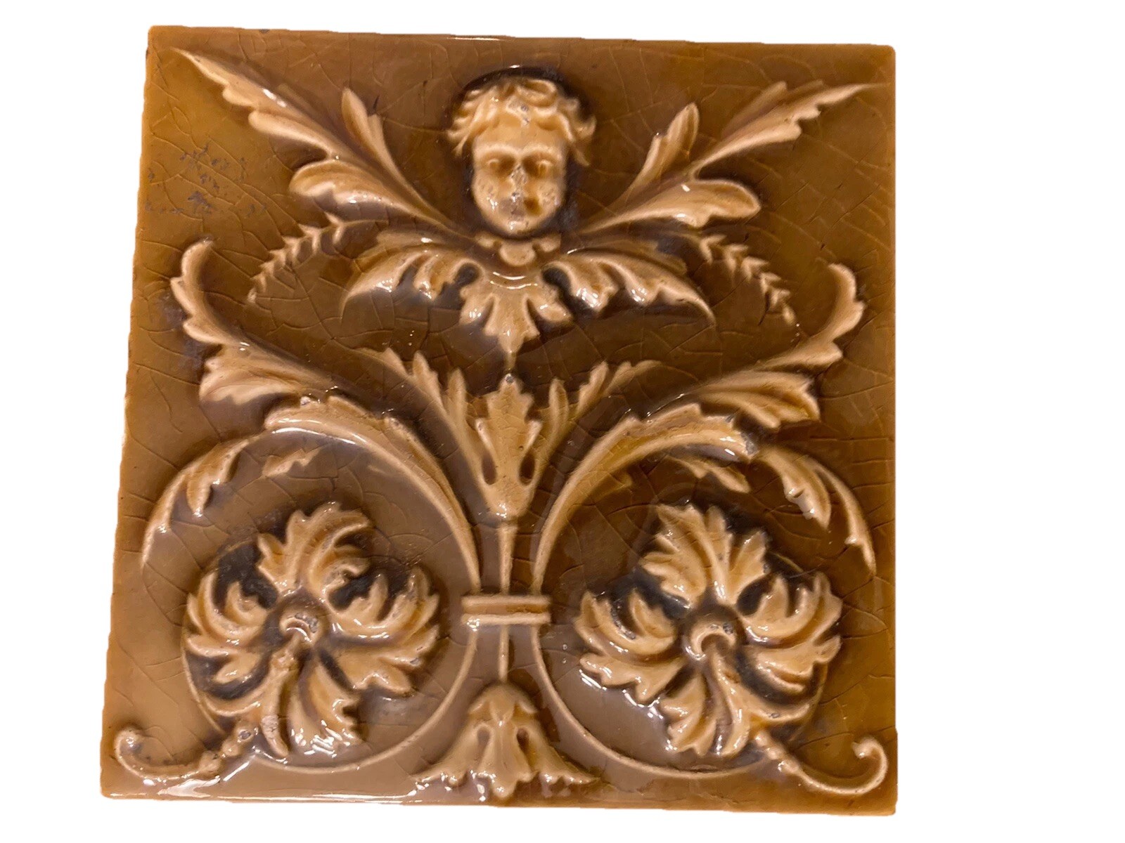 Antique Columbia Majolica Tile — Cherub & Acanthus, 6x6 Fireplace Panel
