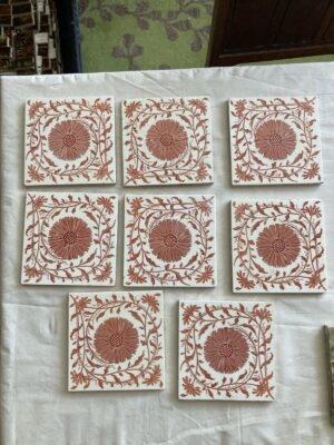 Antique Minton Transfer Tiles — Red Thistle, Victorian 6x6 (Set of 8)