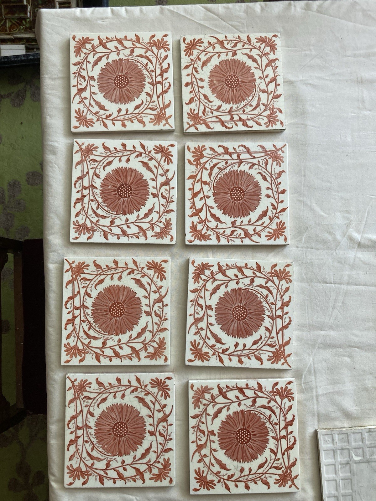 Antique Minton Transfer Tiles — Red Thistle, Victorian 6x6 (Set of 8) - Image 3