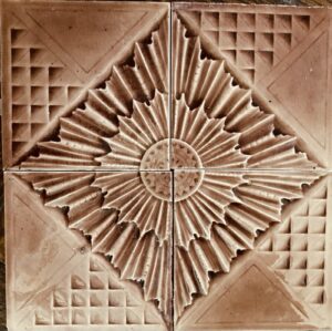 Antique USETCO Sunburst Tile Medallion — Plumfield Glaze, 12-Inch (4-Tile Set)