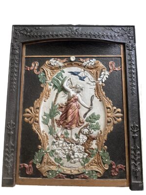 Antique Cast Iron Fireplace Summer Cover — Diana the Huntress, Polychrome Relief
