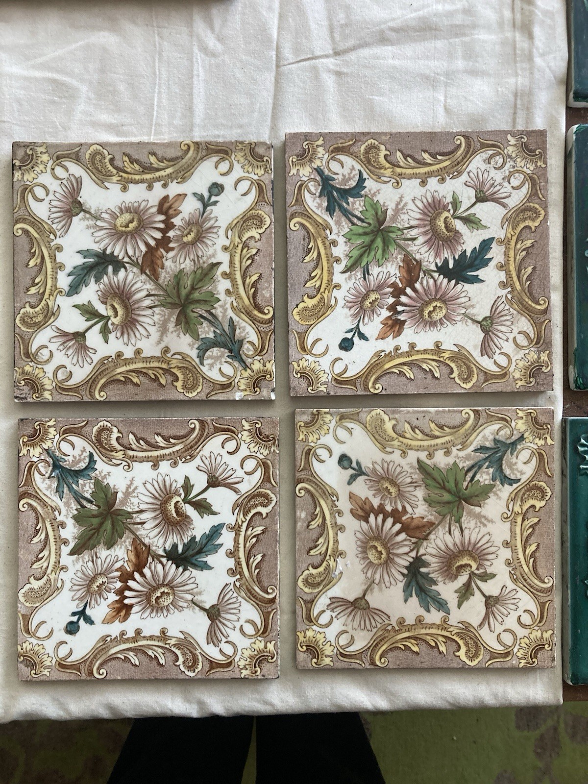 Antique Victorian Polychrome Daisy Transfer Tiles — England, Set of 4, 6x6
