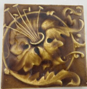 Antique Hamilton Tile Burnt Gold Floral Pair — 6x6, c.1890