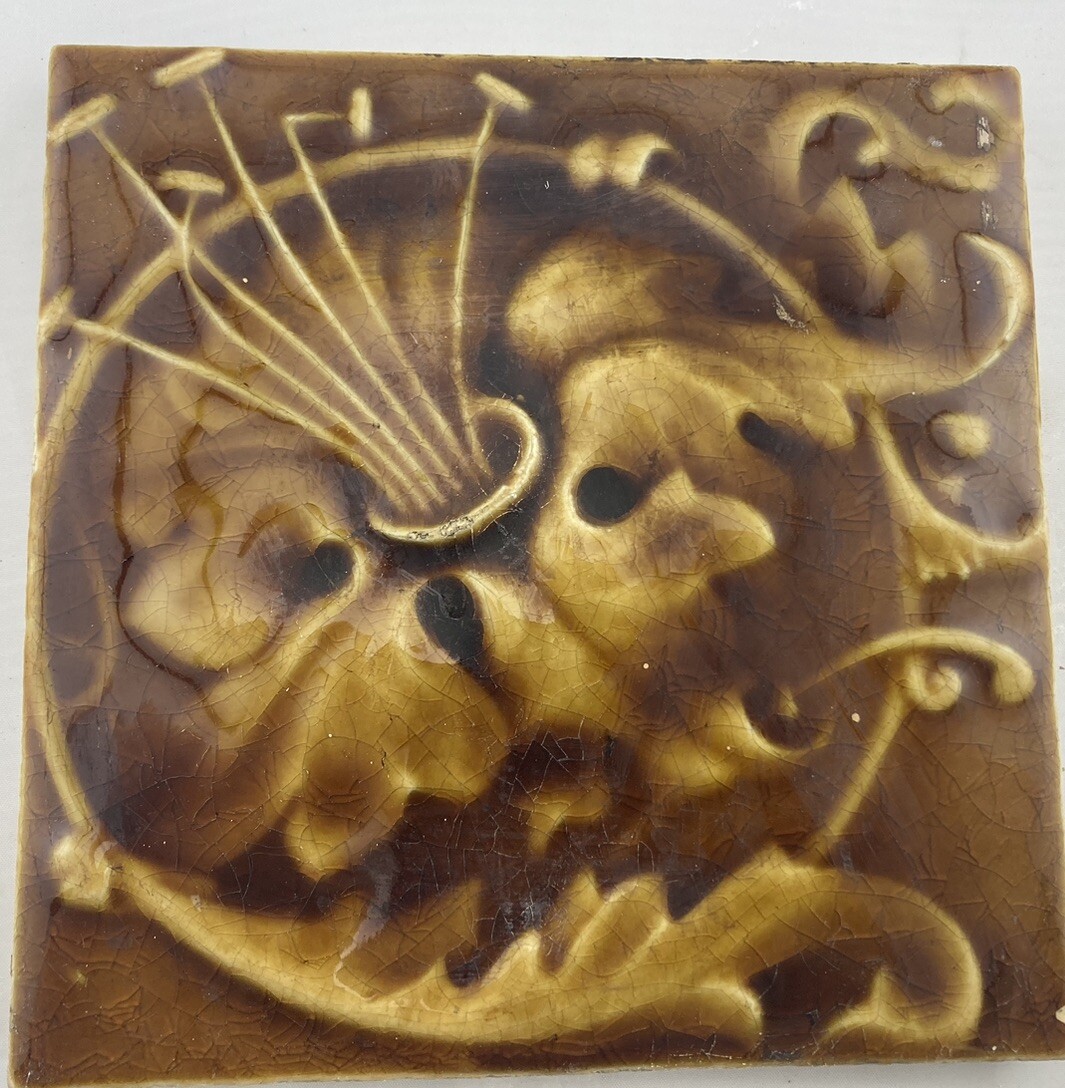 Antique Hamilton Tile Burnt Gold Floral Pair — 6x6, c.1890