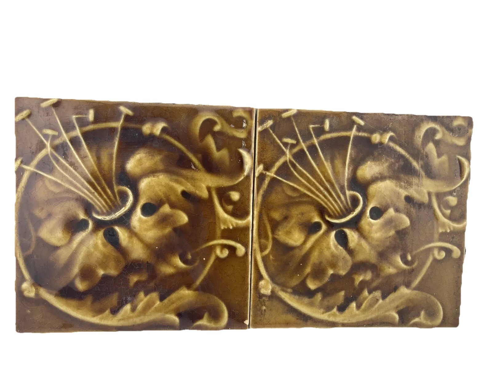 Antique Hamilton Tile Burnt Gold Floral Pair — 6x6, c.1890 - Image 2