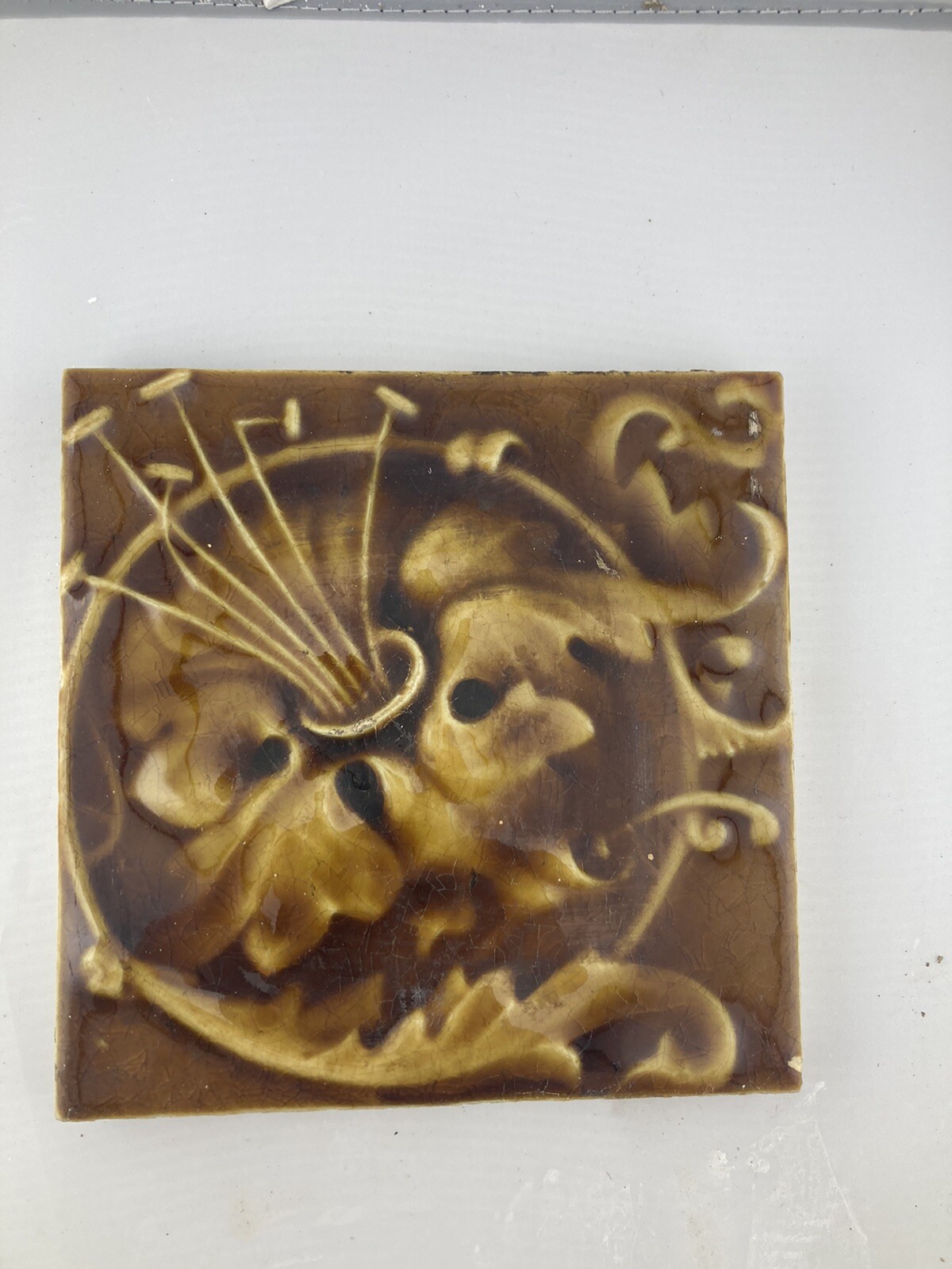 Antique Hamilton Tile Burnt Gold Floral Pair — 6x6, c.1890 - Image 4