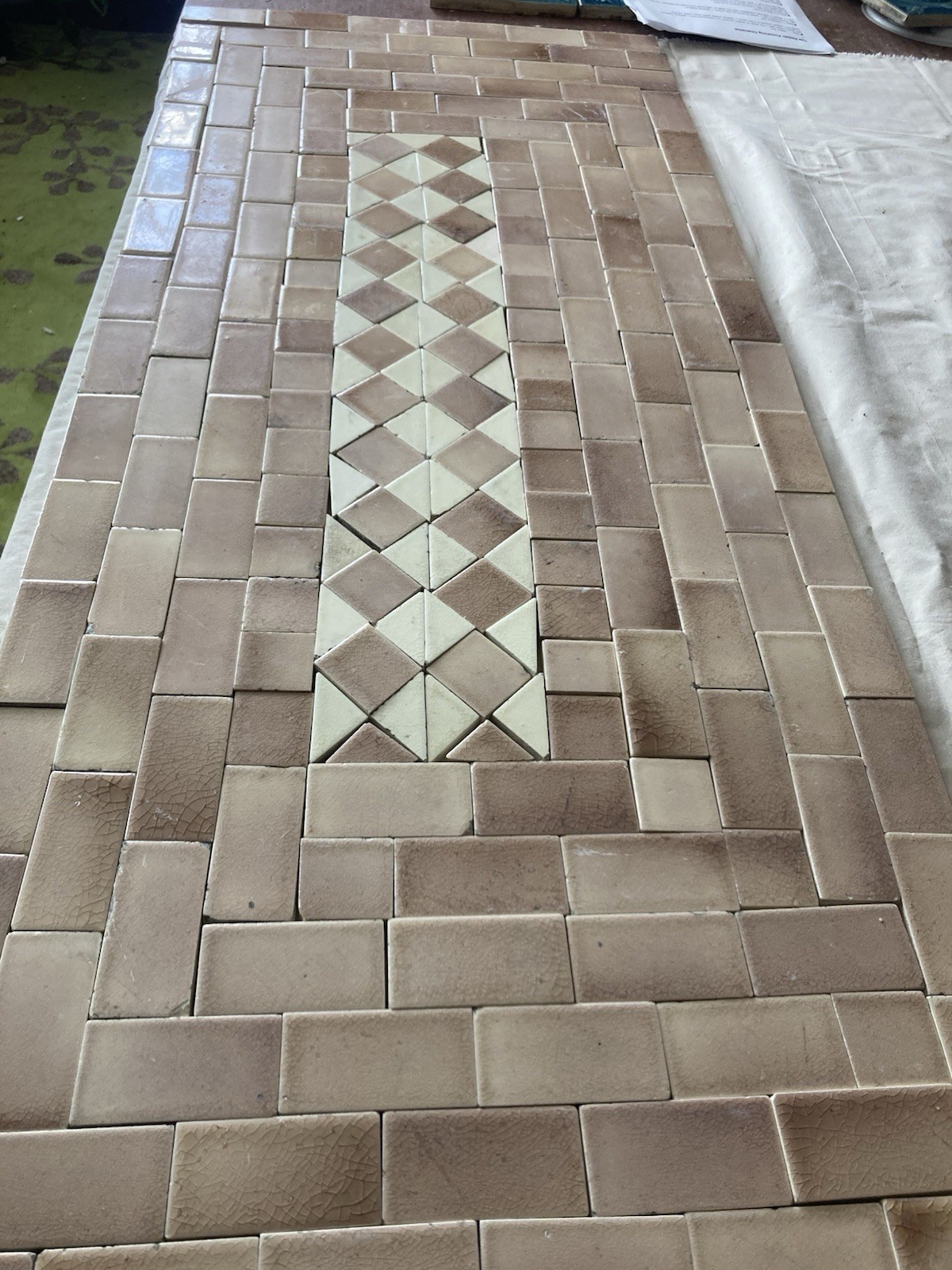 Antique Hamilton Tile Hearth Set — Rose & Cream Mosaic, 42x18, Complete