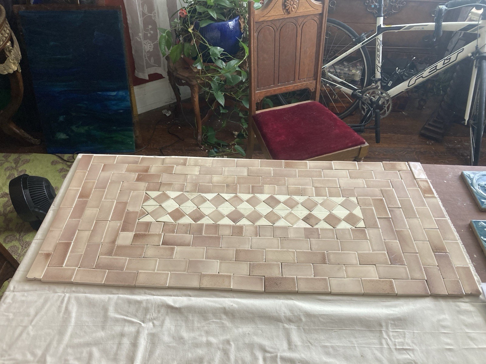 Antique Hamilton Tile Hearth Set — Rose & Cream Mosaic, 42x18, Complete - Image 4