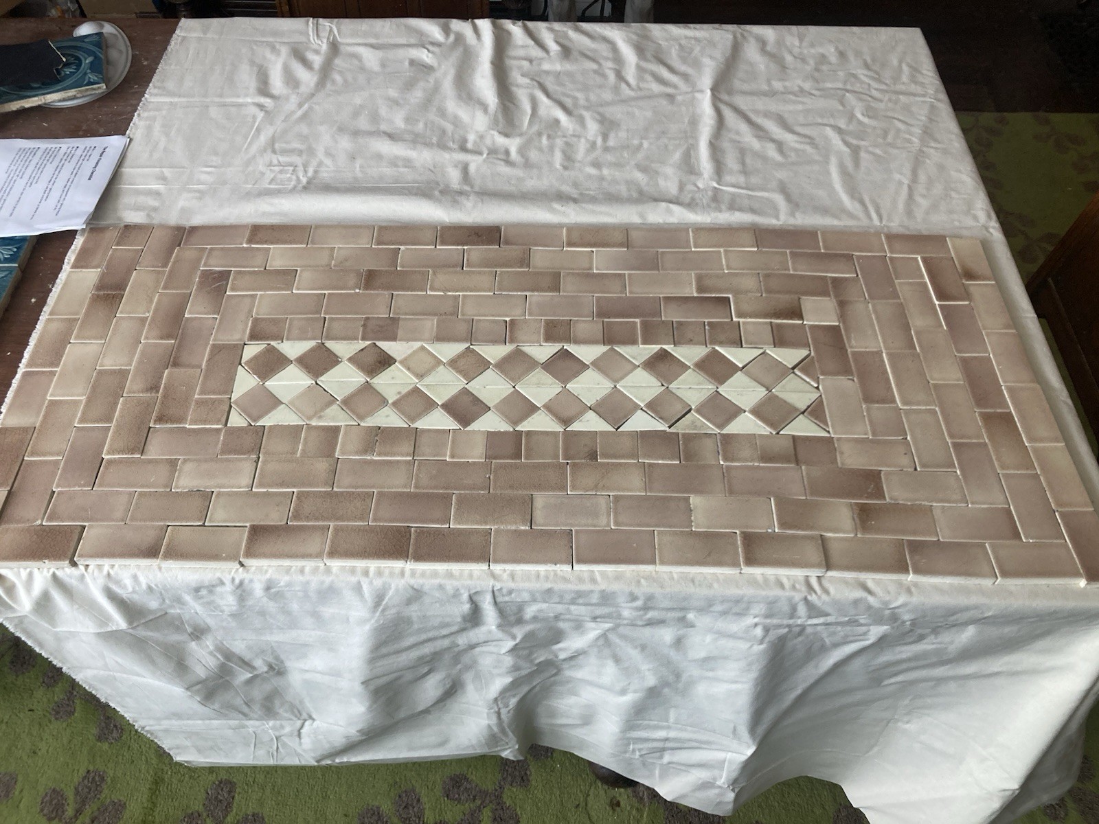 Antique Hamilton Tile Hearth Set — Rose & Cream Mosaic, 42x18, Complete - Image 5