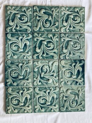 Antique Kensington Aquamarine Majolica Fireplace Tiles — Set of 16