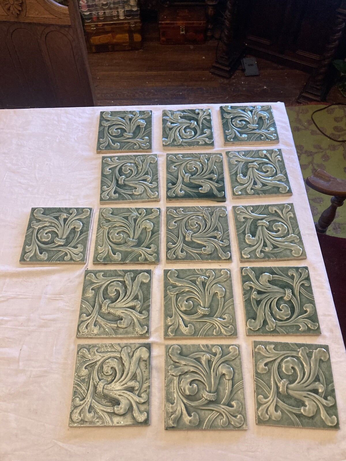 Antique Kensington Aquamarine Majolica Fireplace Tiles — Set of 16 - Image 2