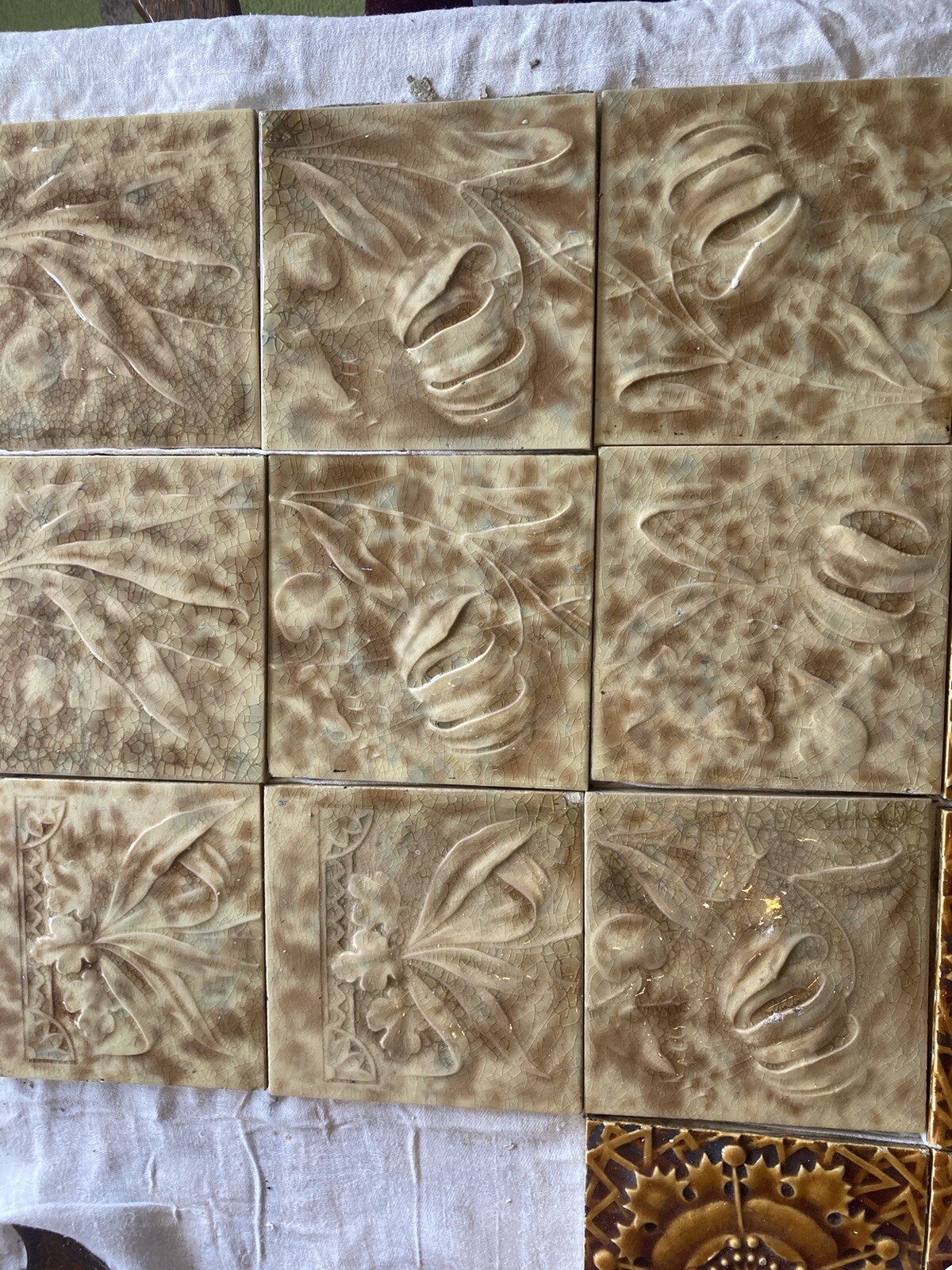 Antique Kensington Floral Majolica Fireplace Tiles — Set of 9, Gold Crazed - Image 4