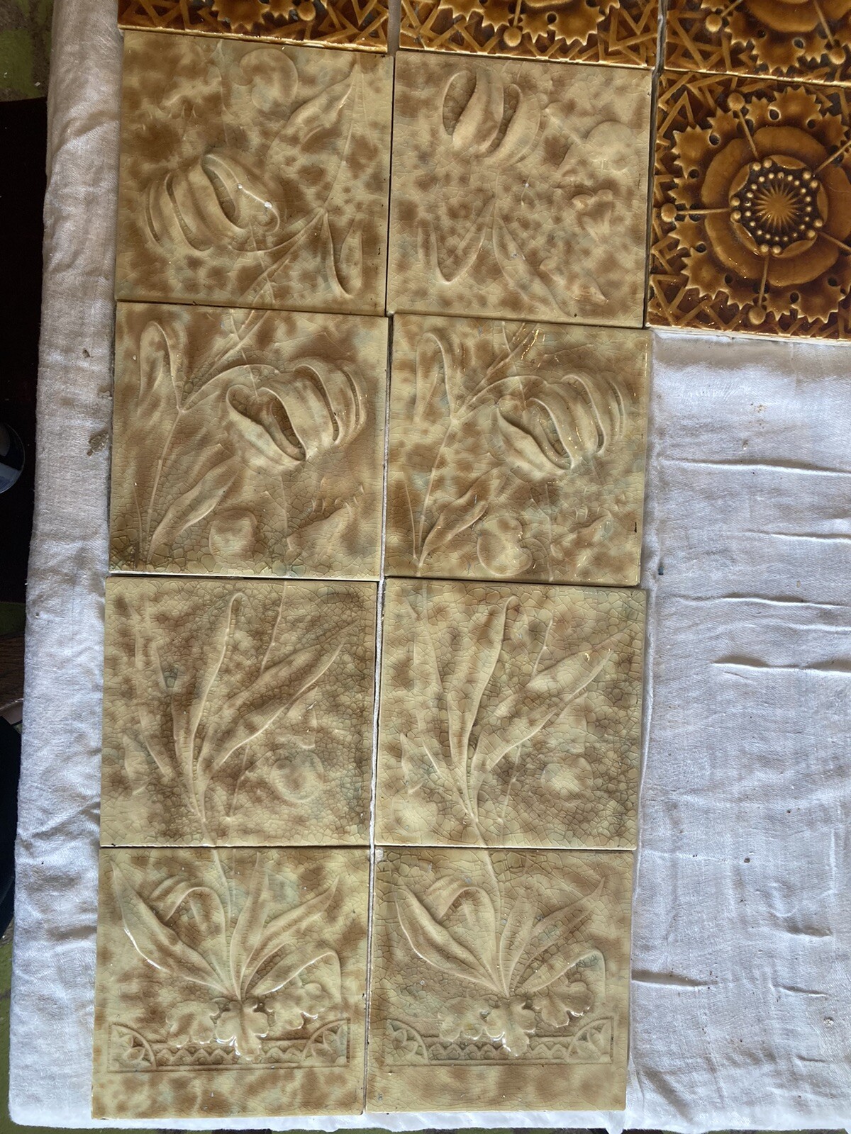 Antique Kensington Floral Majolica Fireplace Tiles — Set of 9, Gold Crazed - Image 5