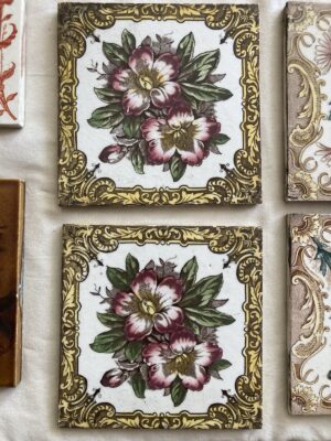 Antique Victorian Polychrome Floral Transfer Tiles — Gilt Border Pair, 6x6