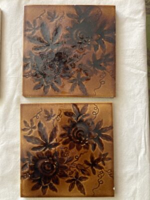 Antique Victorian Brown Floral Transfer Tiles — Staffordshire Pair, 6x6
